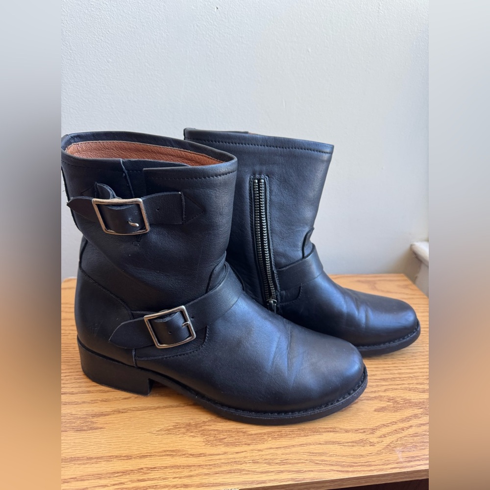 FRYE Black Leather Buckle Boots